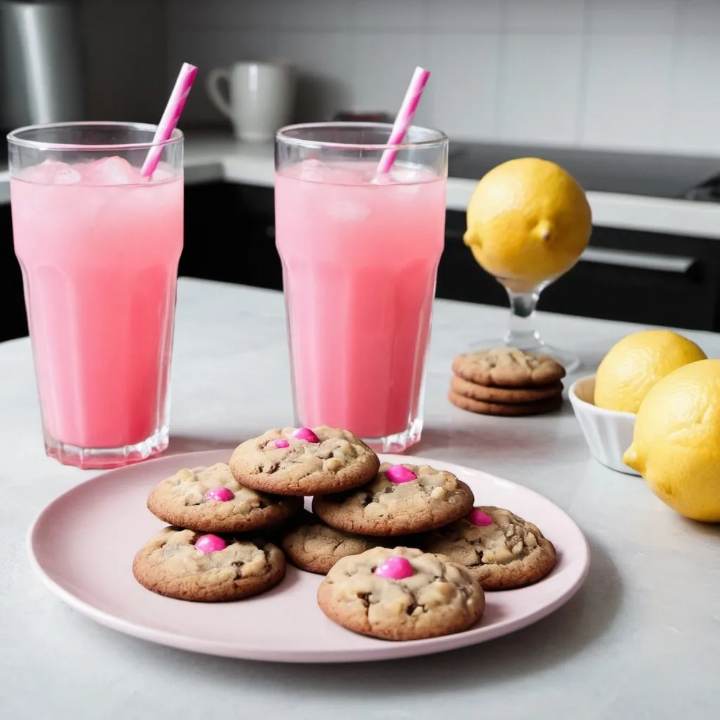 Prompt: Cookies and Pink lemonade on kitchen table