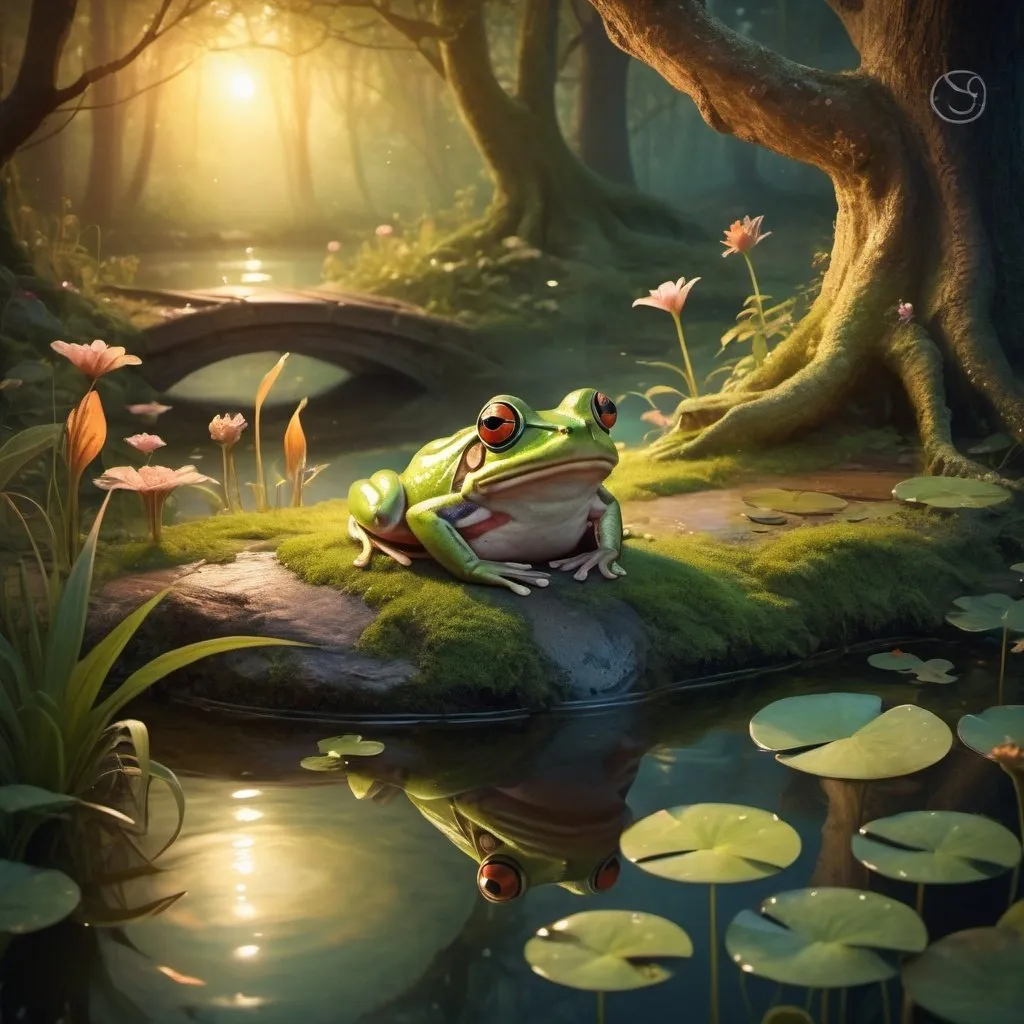 Prompt: Fantasy illustration, magical forest setting, with a frog in a pond, cozy atmosphere, high quality, fantasy,  magical lighting, enchanting, warm tones