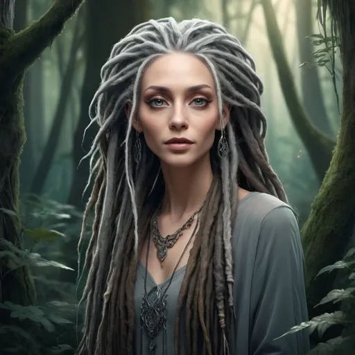 Prompt: Fantasy illustration of an elegant Nana with long grey dreads, magical forest setting, ethereal and mysterious atmosphere, highres, detailed, fantasy, elegant, long grey dreads, magical forest, ethereal, mysterious, detailed eyes, elegant design, professional, atmospheric lighting