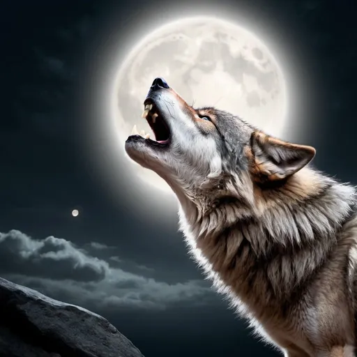 Prompt: Fantasy image, a wolf howling at a full moon