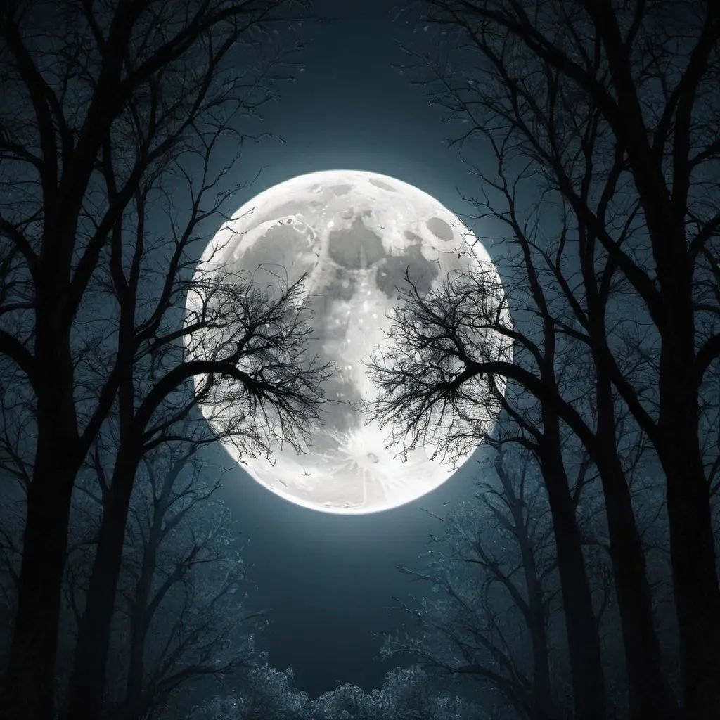 Prompt: Fantasy image a full moon between the trees