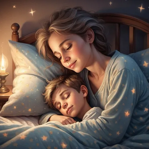 Prompt: Fantasy illustration of a boy being tucked into bed by his mother, magical bedtime scene, warm and cozy atmosphere, whimsical fantasy style, soft and gentle lighting, detailed facial features, flowing magical pajamas, comforting embrace, dreamy ambiance, high quality, fantasy, cozy atmosphere, whimsical style, detailed facial features, magical bedtime, loving embrace, warm lighting