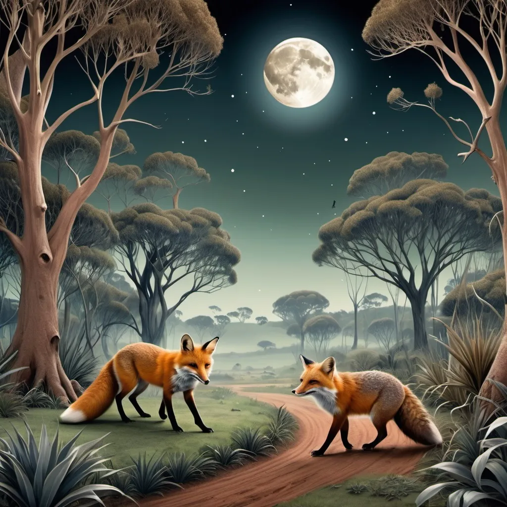 Prompt: fantasy image of bushland with a moon and a fox chasing a wombat