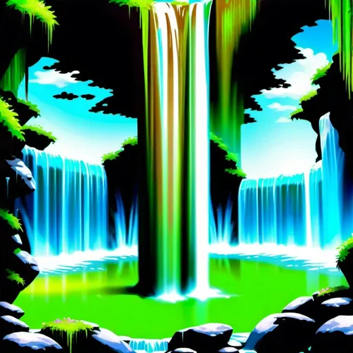 Prompt: Fantasy waterfall with brown water changing to crystal clear water, lush green surroundings, magical atmosphere, highres, detailed, fantasy, crystal clear water, lush greenery, magical atmosphere, fantasy theme, detailed scenery, vibrant colors, cascading waterfall, serene setting