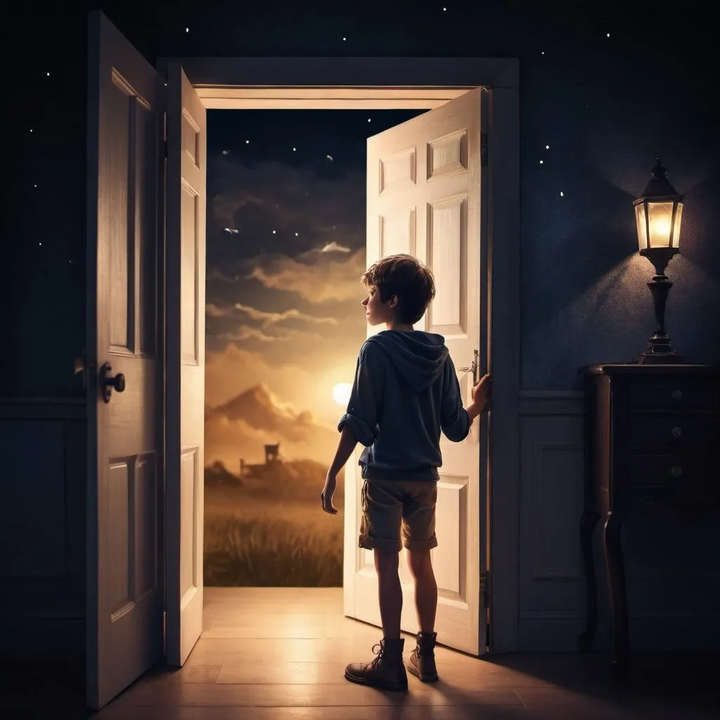 Prompt: Fantasy a boy opening a door to sneak out into the night