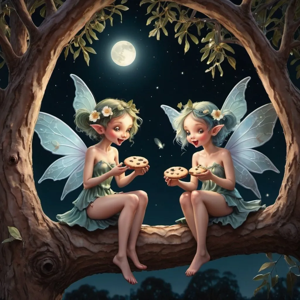 Prompt: Fantasy fairies sitting in a gum tree at night eating cookies