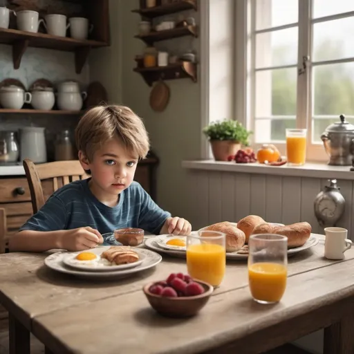 Prompt:  same boy eating breakfast at the kitchen table fantasy scene