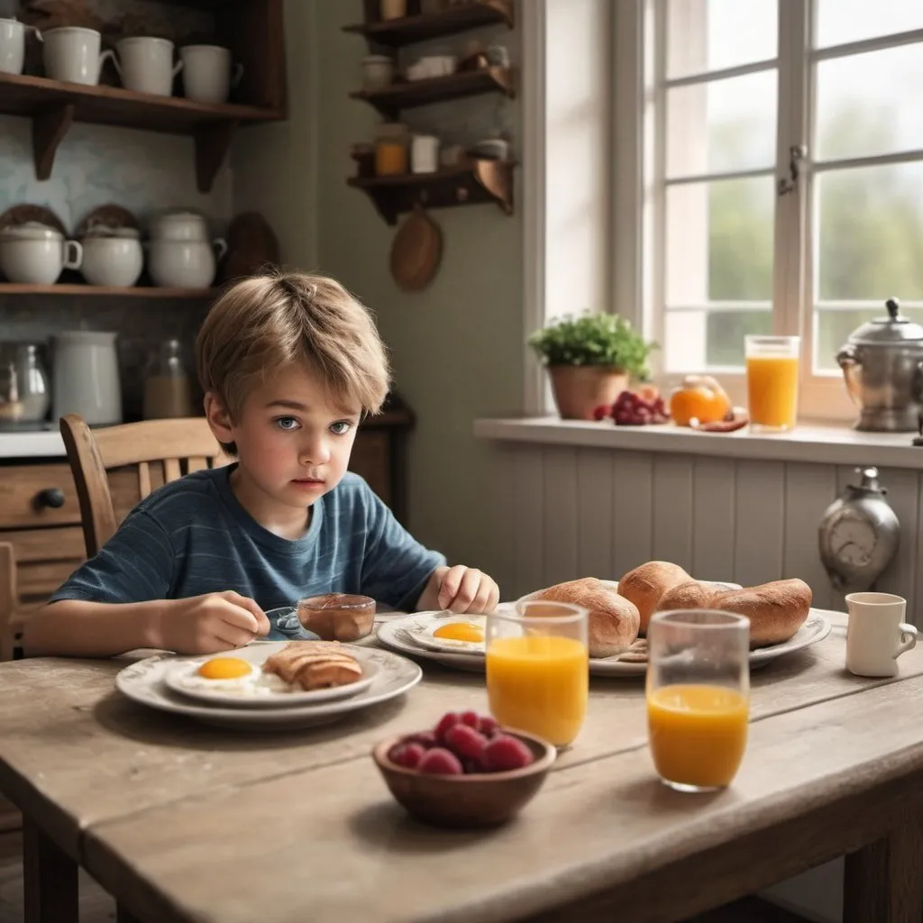 Prompt:  same boy eating breakfast at the kitchen table fantasy scene