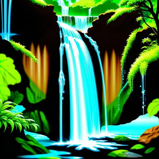 Prompt: Fantasy waterfall with brown water changing to crystal clear water, lush green surroundings, magical atmosphere, highres, detailed, fantasy, crystal clear water, lush greenery, magical atmosphere, fantasy theme, detailed scenery, vibrant colors, cascading waterfall, serene setting