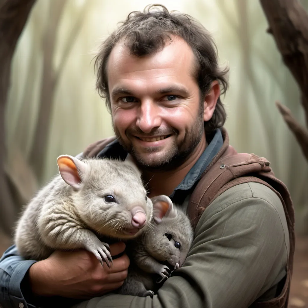 Prompt: fantasy image of a friendly looking man carrying a tiny baby wombat in his arms