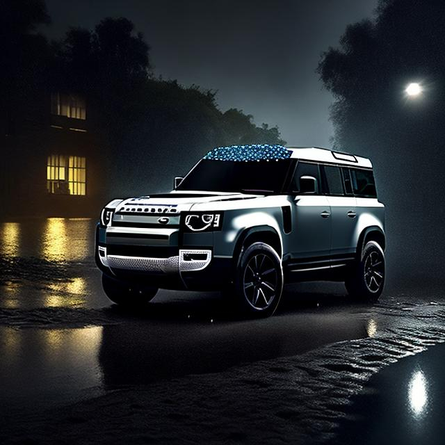 Prompt: 2023 land rover defender in the Dark, while it is raining, cyberpunk style, dark windows