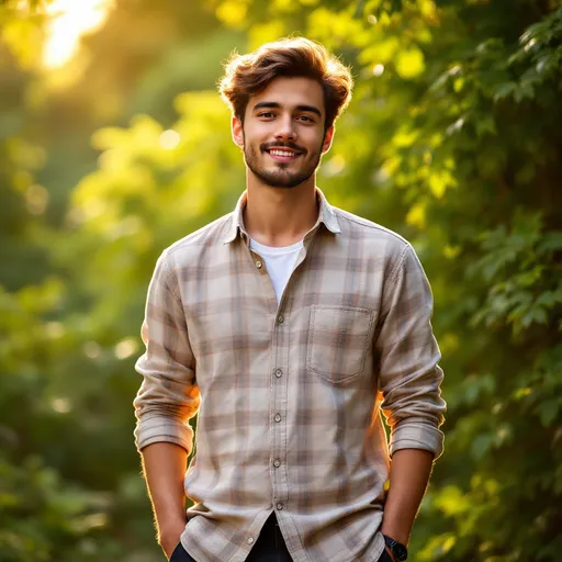 Prompt: Bathed in warm, golden sunlight, a young man stands confidently in an outdoor setting, characterized by lush green foliage in the background. He wears a light-colored plaid shirt with the sleeves casually rolled up, paired with dark pants, exuding a relaxed yet thoughtful demeanor. His expression is calm and assured, with a slight smile that hints at approachability. The composition features the subject predominantly in focus against the soft blur of the vibrant greenery, creating a serene and inviting atmosphere that captures a moment of tranquility in nature.
