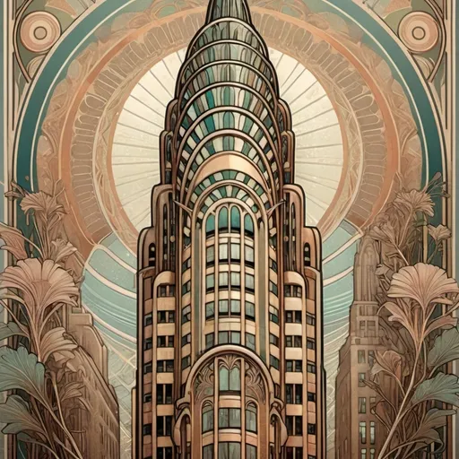 Prompt: Alphonse Mucha Style, art nouveau illustration of the Chrysler building, thick lines, intricate details, muted colors