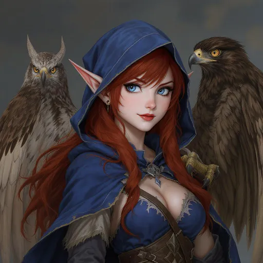 Prompt: D&D girly 17 year old tiefling ranger, very cute, but ferice looking, red hair, blue eyes, blue garments, female, pet hawk on her shoulder