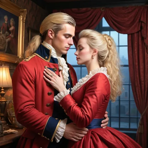 Prompt: Historically accurate eighteenth century romance novel cover in style of Elaine Duillo. Handsome British officer in red coat, in romantic embrace with beautiful blonde Dutch woman in deep blue dress, backed by common room of a prosperous inn, interior, night. Intricately detailed, romantic, lush. 