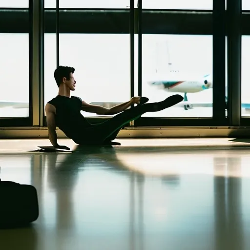 Prompt: undefinedAirport terminal, interior, day. Male ballet dancer stretches on floor next to his luggage, in front of window to tarmac. Diffuse sunlight through window. Fellow passengers all around. , warm color grading, close-up shot