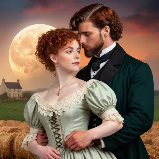 Prompt: Historically accurate cover for Victorian historical romance in the style of Elaine Duillo. A beautiful Irish woman with short, curly red hair, dressed in a Victorian gown, romantic embrace with a handsome bearded gentleman, against a harvest moon