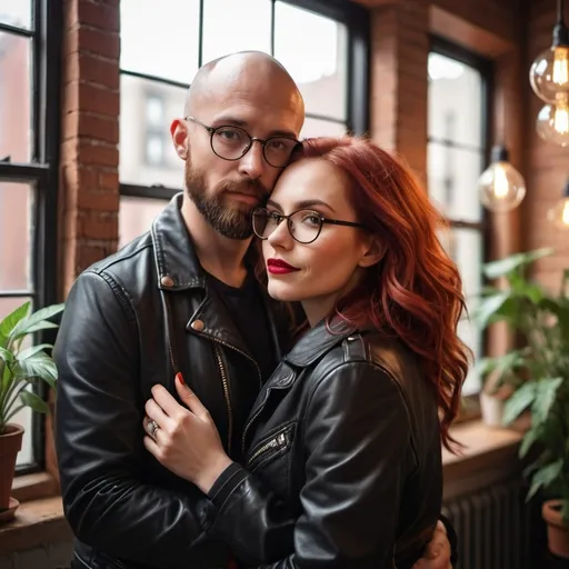 Prompt: "Beautiful Caucasian woman with shoulder length red-violet hair with face framing layers. black framed glasses, moto jacket. Lashes, brows, red lips. Romantic embrace with handsome bald German man with brown beard. Backed by NYC brownstone window with Edison bulbs and houseplants. Relaxed, happy.