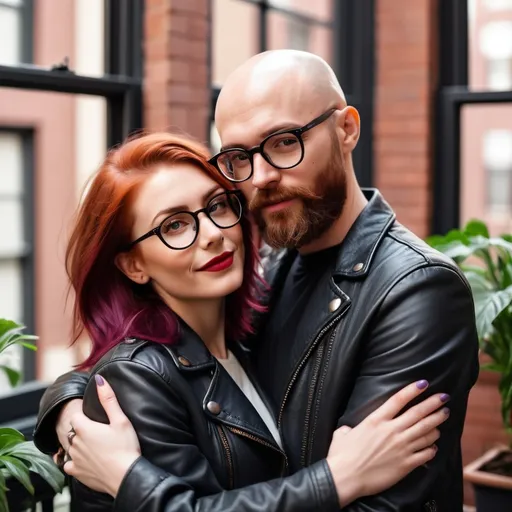 Prompt: Beautiful Caucasian woman with shoulder length red-violet hair with face framing layers. black framed glasses, moto jacket. Lashes, brows, red lips. Romantic embrace with handsome bald German man with brown beard. Backed by NYC brownstone window with Edison bulbs and houseplants. Relaxed, happy.