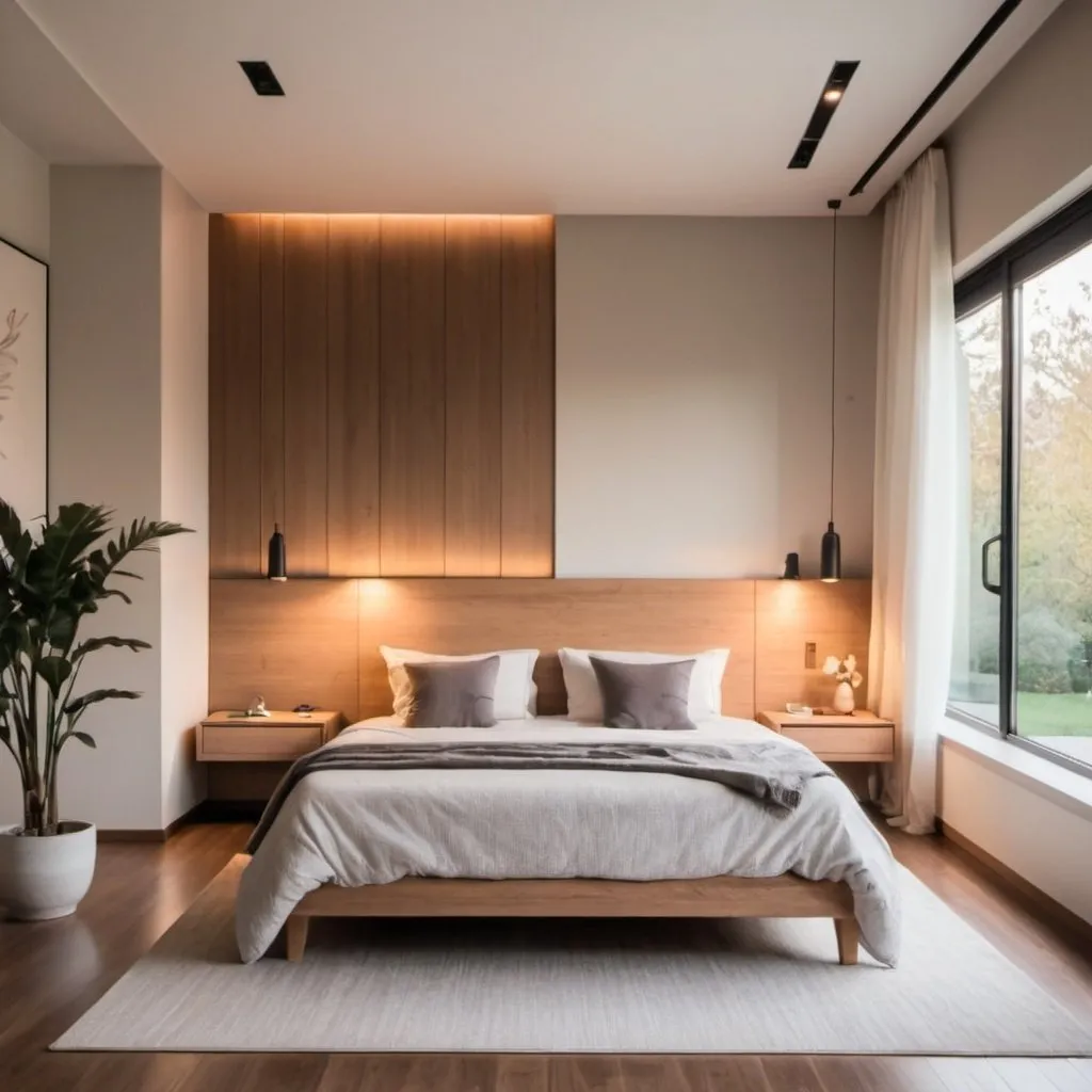 Prompt: Modern house with cozy bedroom and minimal furniture and warm light