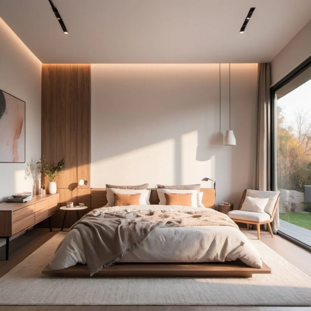 Prompt: Modern house with cozy bedroom and minimal furniture and warm light