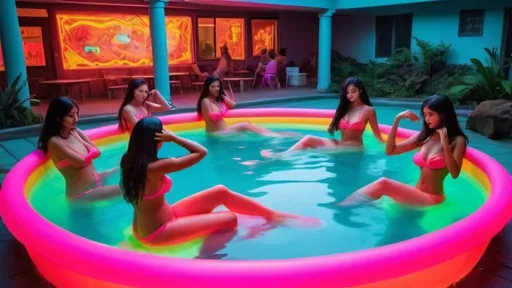 Prompt: many fluorescent neon exotic buxom mermaids in a vivid kiddie pool wresting while drunken sailors spectate and bet and cat call panoramic brightest possible color