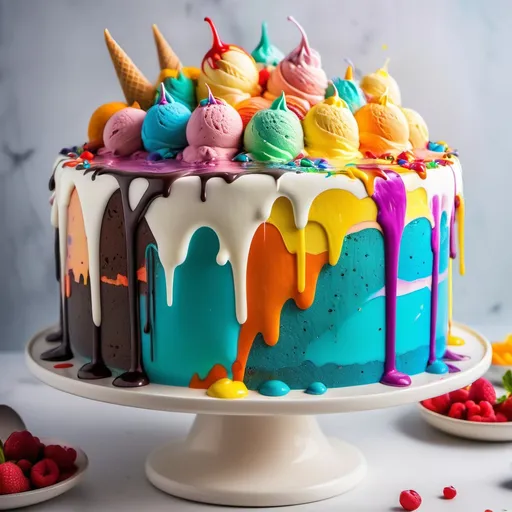 Prompt: An ice cream cake, that is poured from above like a colorful waterfall full of colors