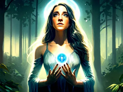 Prompt: a woman with long hair standing in front of a lush forest with a halo of light above her head, Charlie Bowater, gothic art, tarot card, a character portrait a woman holding a dust  of blue energy in around hands, the air around her and a dark background, Ada Gladys Killins, symbolism, promotional image, a person character portrait,