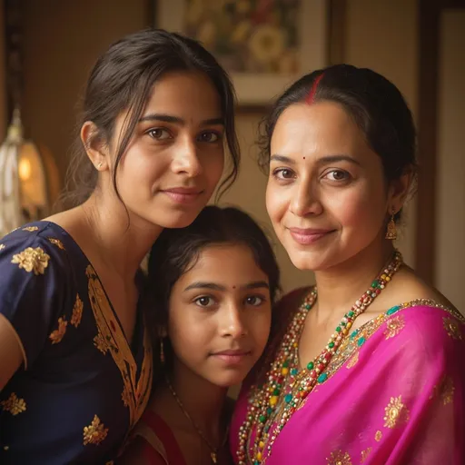 Prompt: In a warmly lit indoor setting, three women come together in a candid selfie, exuding a sense of familial bond and joy. The eldest woman, on the right, wears a vibrant pink saree adorned with intricate details, her expression reflecting a blend of pride and joy. To her left, a younger girl in a colorful traditional outfit gazes slightly off-camera, showcasing curiosity, while the woman on the left, with a gentle smile, enhances the scene with her deep blue attire accentuated by a golden border. Soft, ambient lighting washes over the group, highlighting their expressions against the elegant backdrop of blurred, decorative elements that hint at a celebratory atmosphere. The overall mood conveys warmth and togetherness, capturing a moment that feels both intimate and festive.
