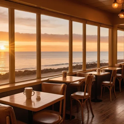 Prompt: A coffee shop located by the ocean. Sunset, with warm, golden hues in the sky. The coffee shop has large windows that offer a clear view of the ocean and the sunset. There are a few tables inside the coffee shop.