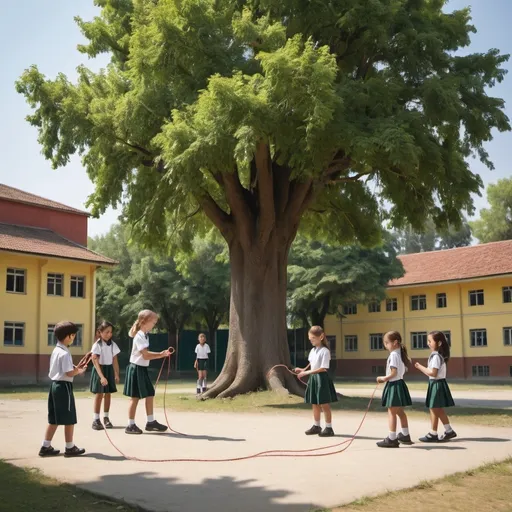 Prompt: Two boys are playing marble, three girls are skipping rope, 4 other students are watching them in the school yard. There are some big trees around.