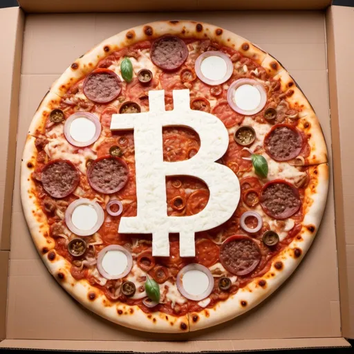 Prompt: A fully-cooked pizza with toppings of pepperoni, sausage, onions, tomato sauce, mozzarella cheese and a sprinkle of oregano. The toppings on the pizza are loosely arranged in the shape of a ₿ that looks like a bitcoin logo. The pizza is inside of a cardboard pizza box that has the top of the box open and it has been cut into 8 slices.