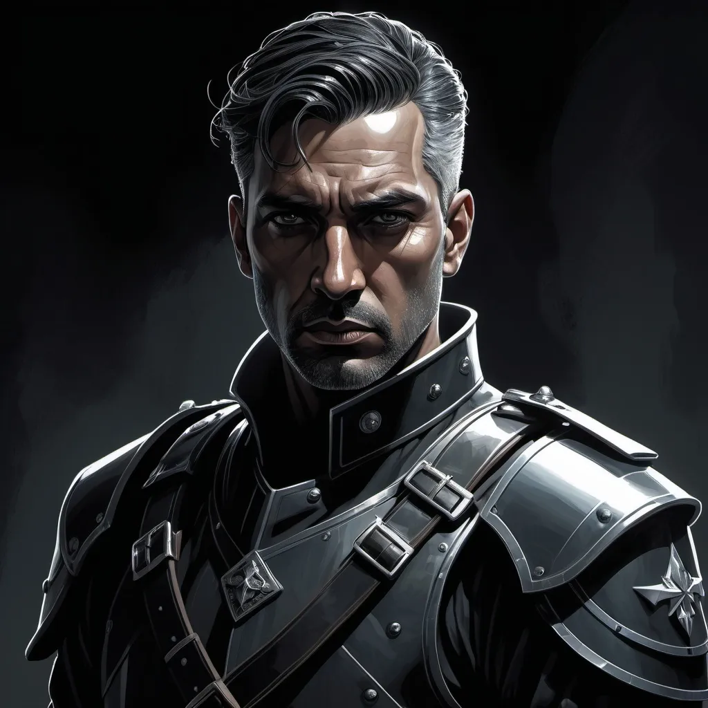 Prompt: Detailed Neo-Noir illustration of a tall, large, depressed human Echo Knight soldier with sunken eyes, black, graying hair, mature look, mature, surrealism, deep shadows, dramatic lighting, Brest plait, character design, Disco Elysium, surrealism, neo-noir, deep shadows, detailed eyes, professional, dramatic lighting