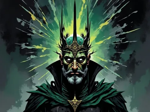 Prompt: In a dark, intense Neo-Noir fantasy style, an ethereal vision of Ivar's Echo Knight emerges—a spectral, formidable warrior known as the UnderKing. His figure is composed of swirling black and green energy, subtly outlined with gold accents that shimmer in the shadows. Golden spikes radiate from his head like a crown, exuding power and authority. Stylized tattoos of a thorny crown, glowing gold, run from his neck down his arms, pulsing with an aura of command. The Echo Knight’s stance is poised and resolute, capturing a vision of strength and defiance, surrounded by a haze of shadowy mist. His armor has subtle gold metal accents, adding a regal touch to his dark, supernatural form.