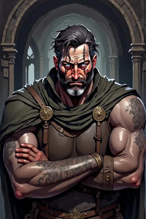 Prompt: A powerful, rugged man in his early 30s stands in the shadows of a dimly lit underground lair, his intense gaze filled with ambition and resolve. He has dark, shoulder-length hair, with a hint of gray at the temples, and a scar over his right brow that hints at his hard-fought past. Wearing leather armor adorned with subtle silver accents and a dark hooded cloak draped over his shoulders, he exudes both strength and stealth. His arms are crossed confidently, showcasing strong forearms and fingerless gloves. Behind him, faint torchlight reveals stone walls and the outlines of hidden pathways and intricate maps etched on a large, weathered table, highlighting his plans for dominance. A tattoo of a stylized crown with thorny vines is visible on his neck, symbolizing his rising claim to power. The atmosphere is dark, gritty, and tense, evoking the dangerous world of Inizio’s underbelly.