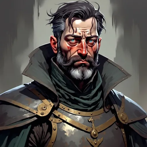 Prompt: <mymodel> Detailed Neo-Noir illustration of a tall, large, depressed human Echo Knight soldier with sunken eyes, black, graying hair, mature look, mature, surrealism, deep shadows, dramatic lighting, vibrant, colorfull armor, Disco Elysium, surrealism, neo-noir, deep shadows, detailed eyes, professional, dramatic lighting