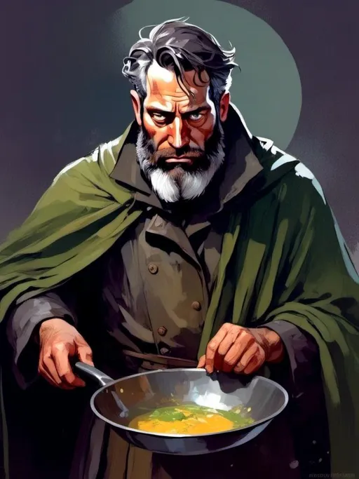 Prompt: <mymodel> Detailed dark fantasy Neo-Noir illustration of a large, depressed human using a frying pan as a weapon, ex-soldier, sunken eyes, graying hair, mature look, dramatic lighting, detailed eyes, professional, Brest plate, cloak, green, gold high-lights, full dramatic color range