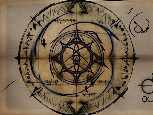 Prompt:  draw a black and white pencil diagram  on parchment of a complex calculated magic circle and draw writings inside the magic circle