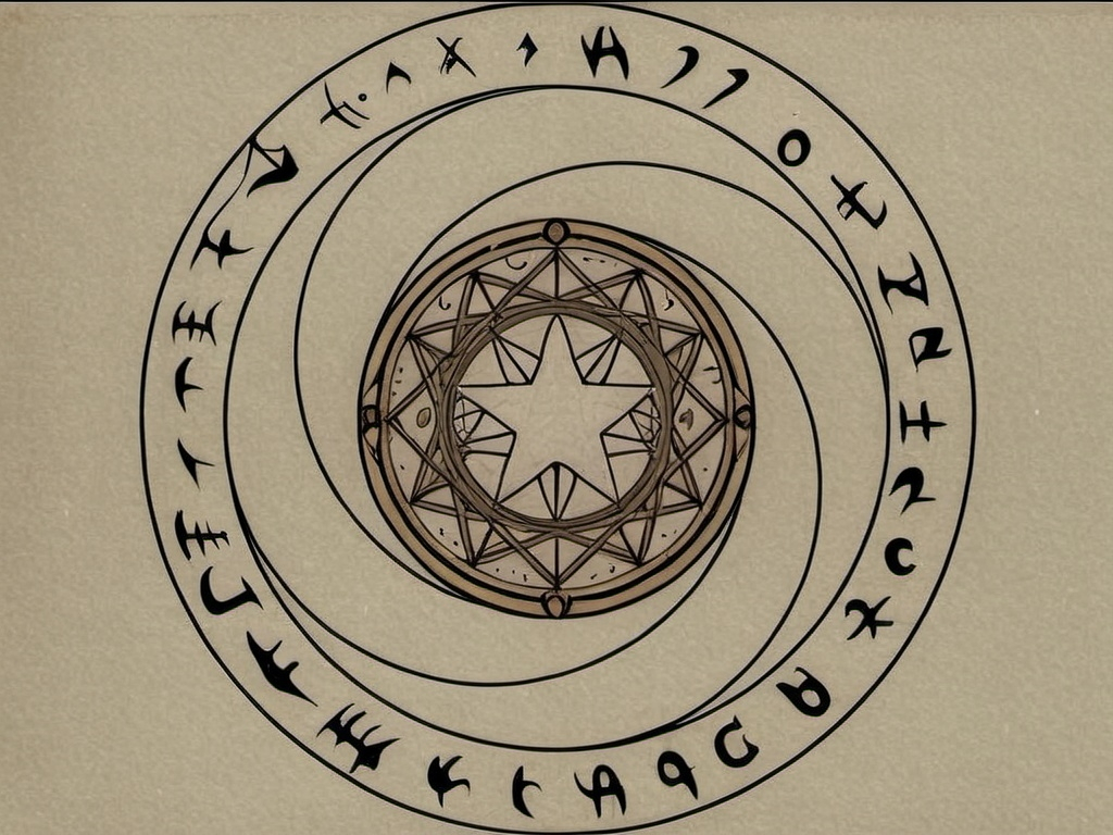 Prompt:  draw a black and white pencil diagram  on parchment of a complex calculated magic circle and draw writings inside the magic circle