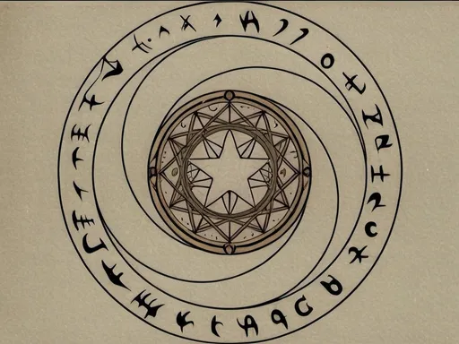 Prompt:  draw a black and white pencil diagram  on parchment of a complex calculated magic circle and draw writings inside the magic circle