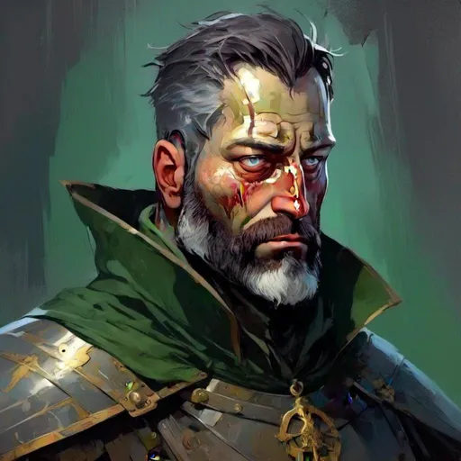 Prompt: <mymodel> Detailed fantasy Neo-Noir illustration of a large, depressed human shadow knight, ex-soldier, sunken eyes, graying hair, mature look, surrealism, dramatic lighting, detailed eyes, professional, dramatic lighting, Brest plate, cloak, green, gold high-lights, full dramatic color range