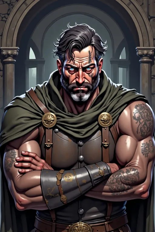 Prompt: A powerful, rugged man in his early 30s stands in the shadows of a dimly lit underground lair, his intense gaze filled with ambition and resolve. He has dark, shoulder-length hair, with a hint of gray at the temples, and a scar over his right brow that hints at his hard-fought past. Wearing leather armor adorned with subtle silver accents and a dark hooded cloak draped over his shoulders, he exudes both strength and stealth. His arms are crossed confidently, showcasing strong forearms and fingerless gloves. Behind him, faint torchlight reveals stone walls and the outlines of hidden pathways and intricate maps etched on a large, weathered table, highlighting his plans for dominance. A tattoo of a stylized crown with thorny vines is visible on his neck, symbolizing his rising claim to power. The atmosphere is dark, gritty, and tense, evoking the dangerous world of Inizio’s underbelly.