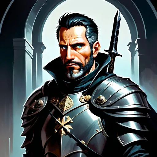 Prompt: Detailed Neo-Noir illustration of a tall, large, depressed human D&D Echo Knight soldier, sunken eyes, black, graying hair, mature look, surrealism, dramatic lighting, character design, detailed eyes, professional, dramatic lighting, mature, no armor, full dramatic color range, high quality, surrealism, detailed eyes, professional