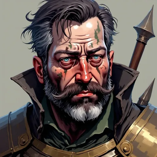 Prompt: <mymodel> Detailed Neo-Noir illustration of a tall, large, depressed human Echo Knight soldier with sunken eyes, black, graying hair, mature look, mature, surrealism, deep shadows, dramatic lighting, vibrant, colorfull armor, Disco Elysium, surrealism, neo-noir, deep shadows, detailed eyes, professional, dramatic lighting