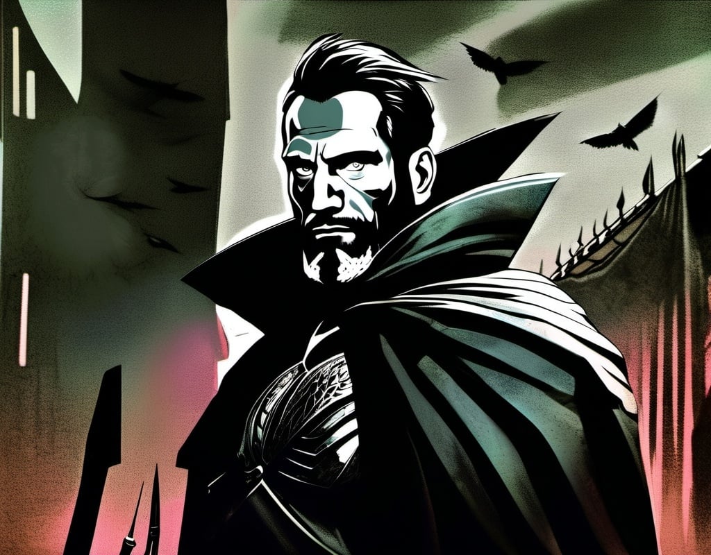Prompt: Detailed neo-noir character portrait of a large depressed human soldier, dramatic lighting, surrealism, sunken eyes, black and graying hair, cloak of shadows and a breastplate, professional, detailed eyes, muscular build, neo-noir style, surreal, detailed, intense gaze, moody atmosphere
