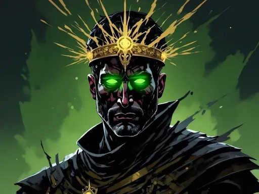 Prompt: In a dark, intense Neo-Noir fantasy style, an ethereal vision of Ivar's Echo Knight emerges—a spectral, formidable warrior known as the UnderKing. His figure is composed of swirling black and green energy, subtly outlined with gold accents that shimmer in the shadows. Golden spikes radiate from his head like a crown, exuding power and authority. Stylized tattoos of a thorny crown, glowing gold, run from his neck down his arms, pulsing with an aura of command. The Echo Knight’s stance is poised and resolute, capturing a vision of strength and defiance, surrounded by a haze of shadowy mist. His armor has subtle gold metal accents, adding a regal touch to his dark, supernatural form.