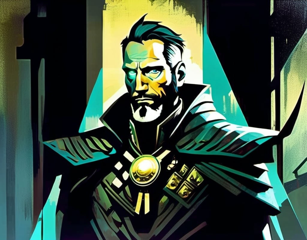 Prompt: Detailed neo-noir character portrait of a large depressed human soldier, dramatic lighting, surrealism, sunken eyes, black and graying hair, cloak of shadows and a breastplate, professional, detailed eyes, muscular build, neo-noir style, surreal, detailed, intense gaze, moody atmosphere