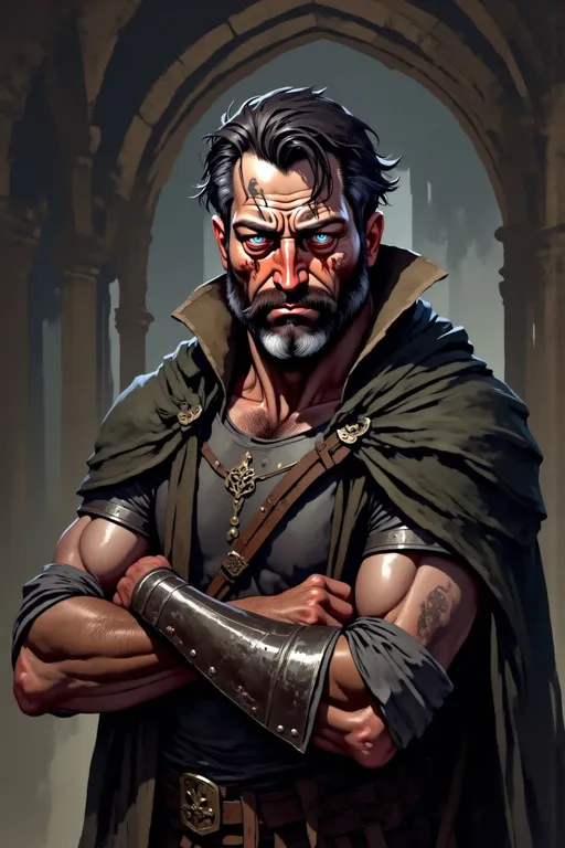 Prompt: A powerful, rugged man in his early 30s stands in the shadows of a dimly lit underground lair, his intense gaze filled with ambition and resolve. He has dark, shoulder-length hair, with a hint of gray at the temples, and a scar over his right brow that hints at his hard-fought past. Wearing leather armor adorned with subtle silver accents and a dark hooded cloak draped over his shoulders, he exudes both strength and stealth. His arms are crossed confidently, showcasing strong forearms and fingerless gloves. Behind him, faint torchlight reveals stone walls and the outlines of hidden pathways and intricate maps etched on a large, weathered table, highlighting his plans for dominance. A tattoo of a stylized crown with thorny vines is visible on his neck, symbolizing his rising claim to power. The atmosphere is dark, gritty, and tense, evoking the dangerous world of Inizio’s underbelly.