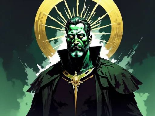 Prompt: In a dark, intense Neo-Noir fantasy style, an ethereal vision of Ivar's Echo Knight emerges—a spectral, formidable warrior known as the UnderKing. His figure is composed of swirling black and green energy, subtly outlined with gold accents that shimmer in the shadows. Golden spikes radiate from his head like a crown, exuding power and authority. Stylized tattoos of a thorny crown, glowing gold, run from his neck down his arms, pulsing with an aura of command. The Echo Knight’s stance is poised and resolute, capturing a vision of strength and defiance, surrounded by a haze of shadowy mist. His armor has subtle gold metal accents, adding a regal touch to his dark, supernatural form.