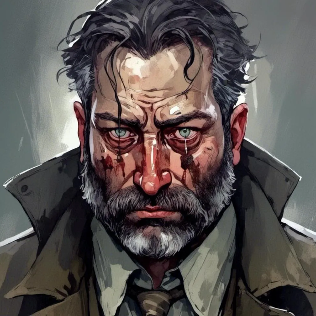 Prompt: <mymodel> Detailed Neo-Noir illustration of a tall, large, depressed human D&D Echo Knight soldier, sunken eyes, black, graying hair, mature look, surrealism, dramatic lighting, character design, detailed eyes, professional, dramatic lighting, mature, no armor, full dramatic color range, high quality, surrealism, detailed eyes, professional